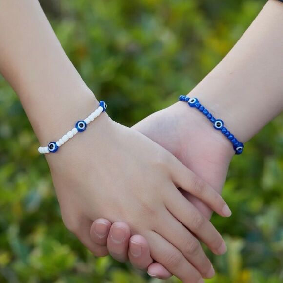 2 pc. Turkish Evil Eye Friendship Blue White Beads Bracelets - Picture 8 of 9